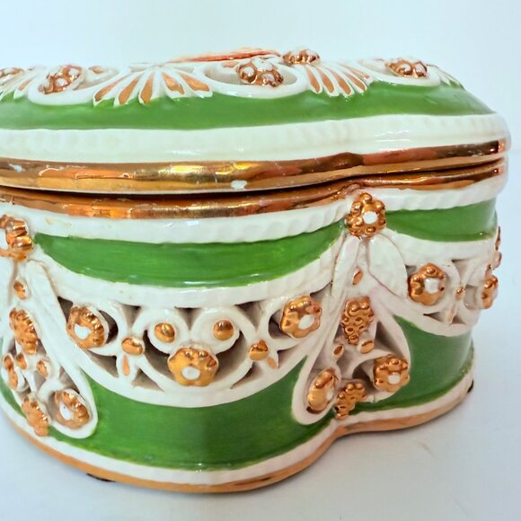 Italian Romantic Cameo Trinket Box Heart Shape Pierced Porcelain Jewelry Storage - Picture 14 of 16